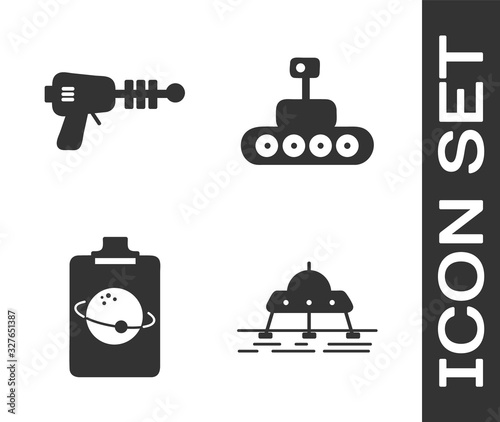 Set Mars rover, Ray gun, Planet and Mars rover icon. Vector