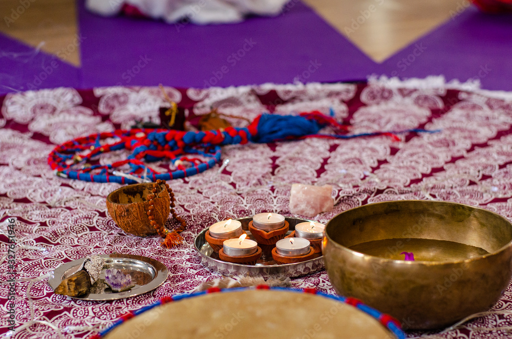 Set with Ayurvedic symbols of the five elements of nature and tibetan singing bowls. Composition of esoteric objects, yoga used for healing, meditation, relaxation and purifying. Aromatherapy.
