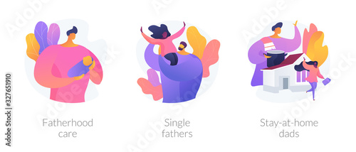 Men taking paternity leave metaphors. Caring single father, stay-at-home dad, parenting. Daddy spending time with kid. Fatherhood and childcare abstract concept vector illustration set.