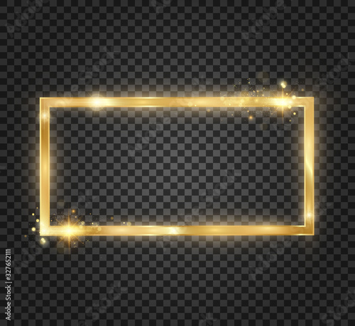 Gold glitter with shiny gold frame on a transparent black background. Vector luxury golden background.