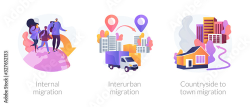 International and interurban human migration metaphors. Changing living location, legal immigration, countryside to town migration. Settling place abstract concept vector illustration set. photo