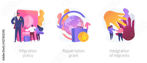Human legal migration metaphors. Repatriation grant, integration of migrants, immigration policy. Moving to abroad, returning to homeland abstract concept vector illustration set.