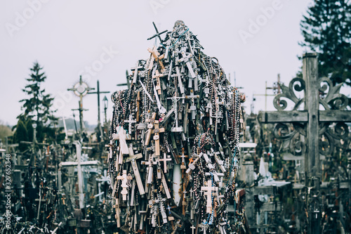 Numerous crosses on a popular christian pilgrimage site, the Hill of Crosses in Lithuania.