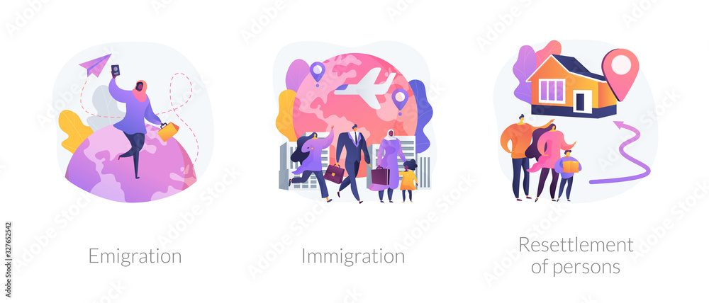 Population mobility, human migration metaphors. Emigration, immigration, people resettlement. Country borders legal and illegal crossing abstract concept vector illustration set.