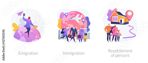 Population mobility, human migration metaphors. Emigration, immigration, people resettlement. Country borders legal and illegal crossing abstract concept vector illustration set.