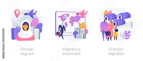 Refugees of war and gender discrimination metaphors. Female migrant, migratory movement, frontier emigration. Asylum seekers community abstract concept vector illustration set.