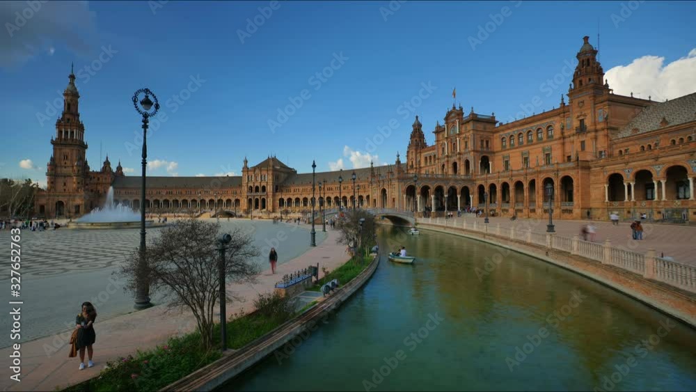 The Plaza de Espana Timelapse 4k in Seville Spain City Center with Tourists Visiting the City. The Plaza de Espana Timelapse 4k in Seville Spain City Center with Tourists Visiting the City.