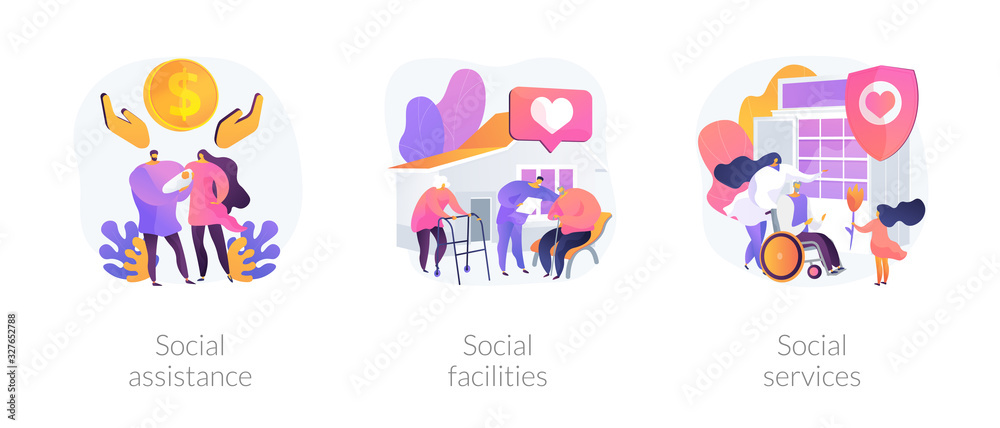 Caregiving and welfare services metaphors. Social assistance and facilities, nursery home caretakers, disability rehabilitation clinic abstract concept vector illustration set.