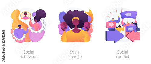 People interaction and communication metaphors. Social behaviour, change and conflict. Arguments, norms in society. Personality influence abstract concept vector illustration set.