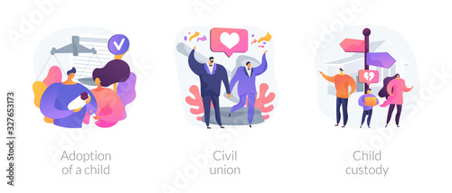 Family law metaphors. Adoption, civil union, child custody. Domestic partnership, kids rights, foster parents. Homosexual marriage. People rights abstract concept vector illustration set. © Visual Generation