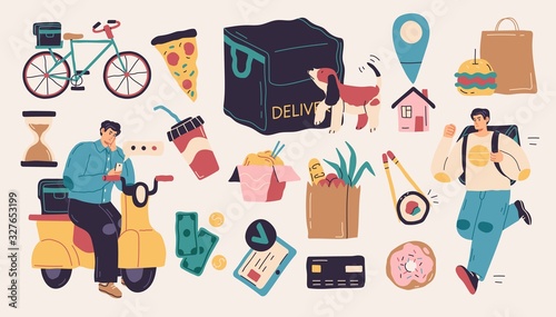 Collection of delivery service, fast food, food delivery, courier service illustrations isolated on white background. Flat cartoon colorful vector illustration.