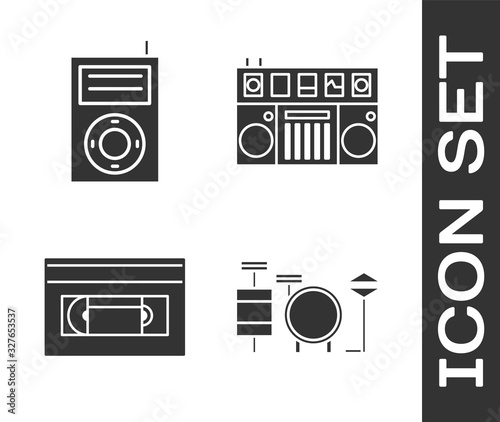 Set Drums, Music MP3 player, VHS video cassette tape and DJ remote for playing and mixing music icon. Vector