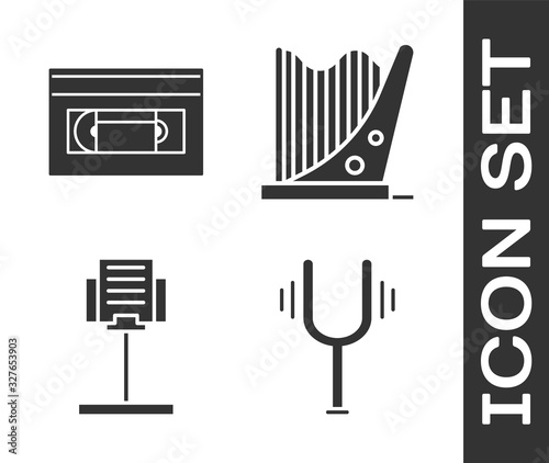 Set Musical tuning fork, VHS video cassette tape, Music stand and Harp icon. Vector