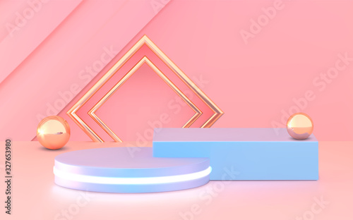 Podium, pedestal or platform, cosmetic background for product presentation. 3d vector illustration. Bright podium. Advertising place. Blank product stand background in pastel pink blue colors.