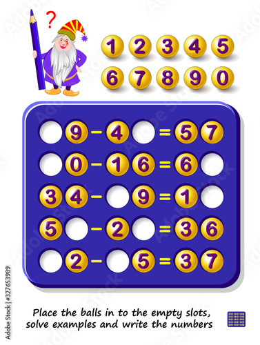 Logic puzzle game for children and adults. Place balls in to empty slots, solve examples and write the numbers. Printable page for kids brain teaser book. Math exercises on subtraction. IQ test.
