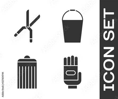 Set Garden gloves, Gardening handmade scissors, Trash can and Bucket icon. Vector