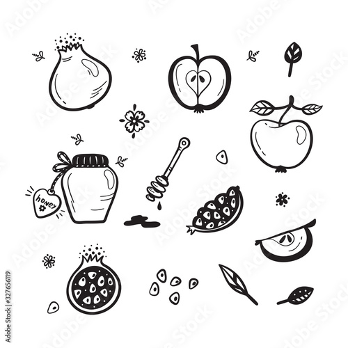 Hand Drawn Doodle Fruits Vector Set. Pomegranate Fruit, Apples, Honey Jar, Flowers and Leaves