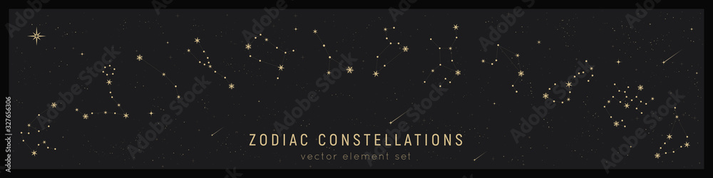 Fototapeta premium Set of zodiac constelattions. Vector astrology signs and stars. Horoscope print. Mystic and esoteric set. Zodiacal calendar dates
