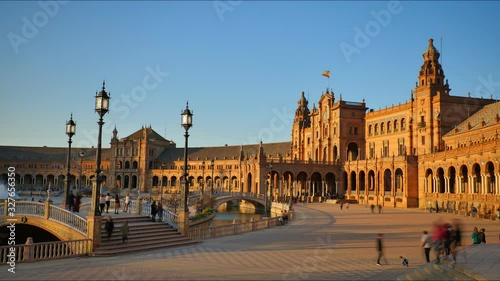 The Plaza de Espana Timelapse 4k in Seville Spain City Center with Tourists Visiting the City.