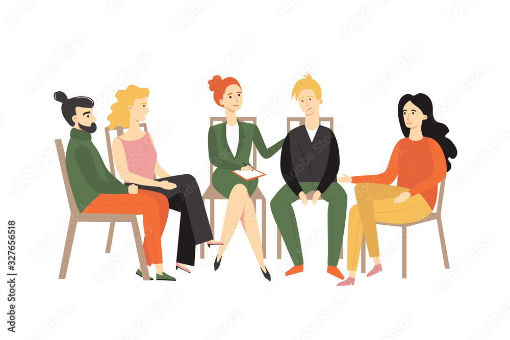 Men and women sitting on chairs and talking to psychotherapist or psychologist. Group therapy psychotherapeutic session. Vector illustration in modern flat style. Vector image cartoon Illustration Men and women sitting on chairs and talking to psychotherapist or psychologist. Group therapy psychotherapeutic session. Vector illustration in modern flat style. Vector image cartoon Illustration