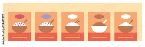 Supermarket shelf with cereals. Grocery store banner or background. Healthy food.