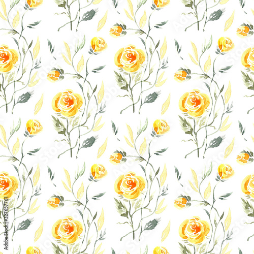 Watercolor Yellow Roses with leaves. Vintage Floral Background. Flowers Seamless pattern. Climbing Rose. Shabby chic style.