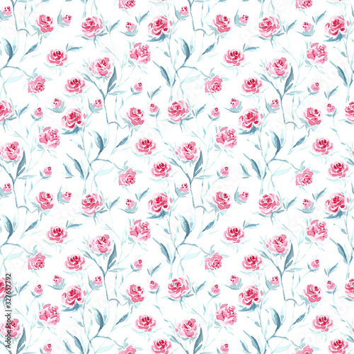 Watercolor Pink Roses and Buds with Blue leaves. Vintage Floral Background. Flowers Seamless pattern. Climbing Rose. Shabby chic style