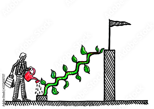 Drawn Man Watering Plant To Grow Stairs To Top
