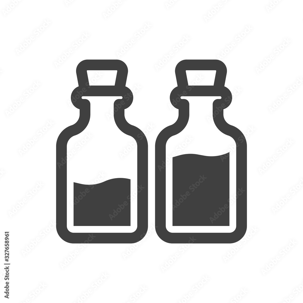 Icon of two glass bottles with different levels of liquid in them. Minimalistic linear design. Isolated vector on a white background. Icon of two glass bottles with different levels of liquid in them. Minimalistic linear design. Isolated vector on a white background.