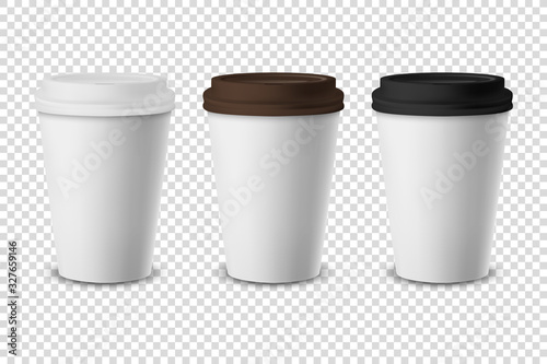 Vector 3d Realistic Disposable Closed Paper, Plastic Coffee Cup for Drinks with White, Brown and Black Lid Set Closeup Isolated on Transparent Background. Design Template, Mockup. Front View