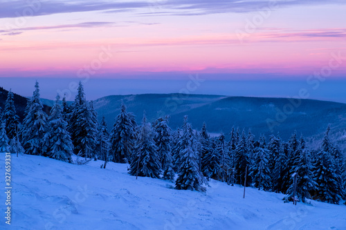 sunrise sunset winter mountains landscape violet pink blue sky cloud snow © NataliAlba
