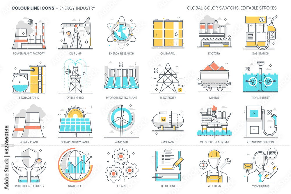 Energy industry related, color line, vector icon, illustration set