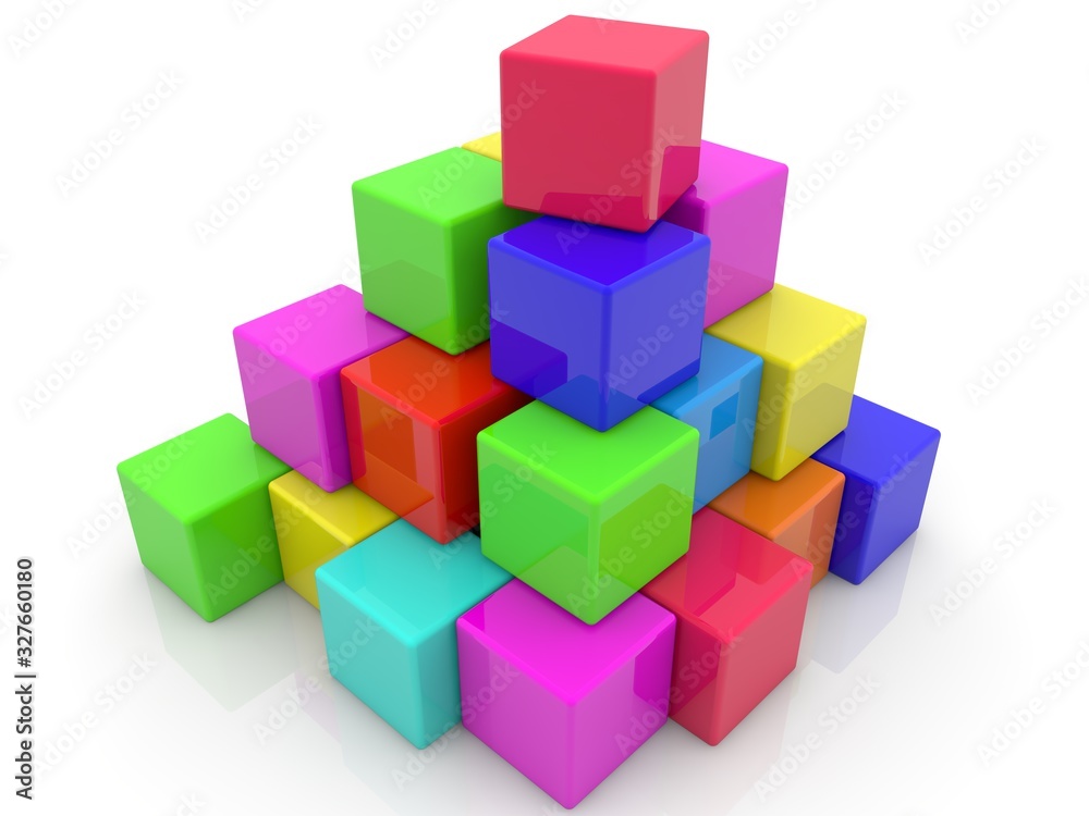 Colored toy blocks stacked in a pyramid shape on a white background Colored toy blocks stacked in a pyramid shape on a white background