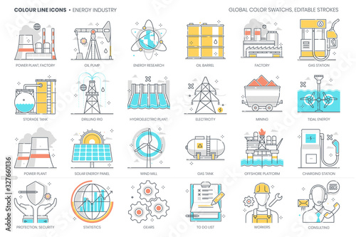 Energy industry related, color line, vector icon, illustration set