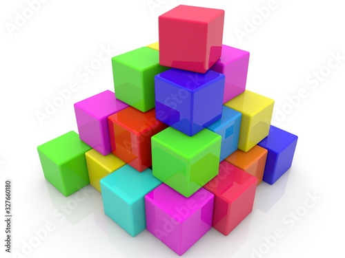 Colored toy blocks stacked in a pyramid shape on a white background