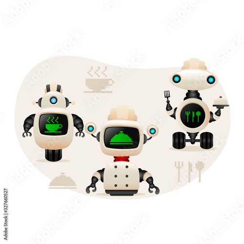 Vector smart robot chief characters with kitchen technology concept.