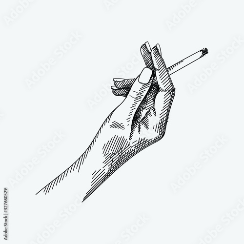 Hand-drawn sketch of a woman hand holding a cigarette on a white background. Female hand. Burning cigarette. 
