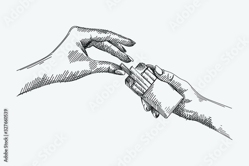Hand-drawn sketch of women hands passing a cigarette on a white background. Female hands getting a cigarette out of the cigarette pack. 