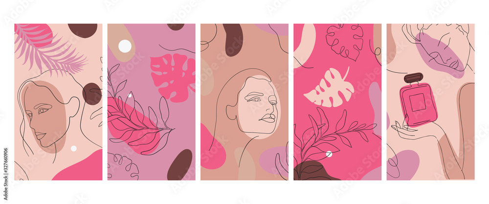 Continuous line, drawing of woman face, woman beauty minimalist with geometric doodle Abstract floral elements trendy colors.Design templates for social media stories. One line drawing abstract faces.