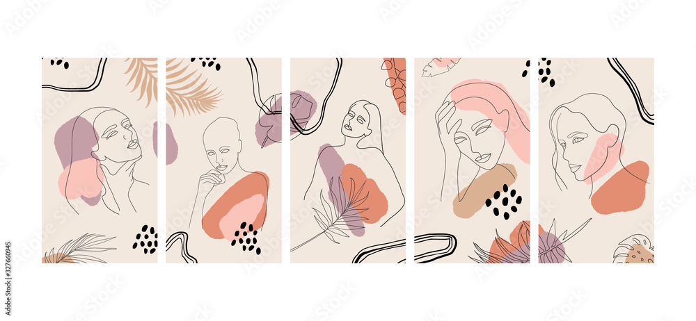 Continuous line, drawing of woman face, woman beauty minimalist with geometric doodle Abstract floral elements trendy colors.Design templates for social media stories. One line drawing abstract faces.