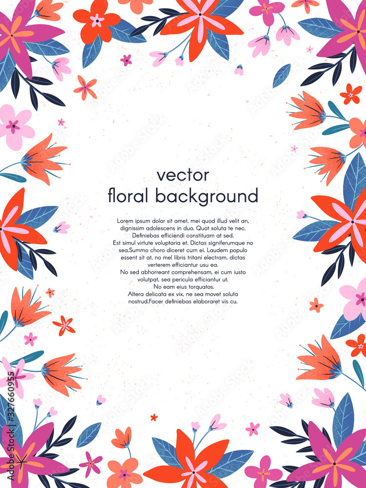 Vector floral frame.Universal illustration with hand drawn leaves,flowers and plants with place for text.Decorative greeting card template,wedding invitation,holiday poster,brochure,cover design