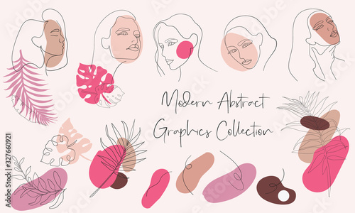Continuous line, drawing of woman face, woman beauty minimalist with geometric doodle. Modern set of abstract elements ans trendy colors. One line drawing abstract faces.
