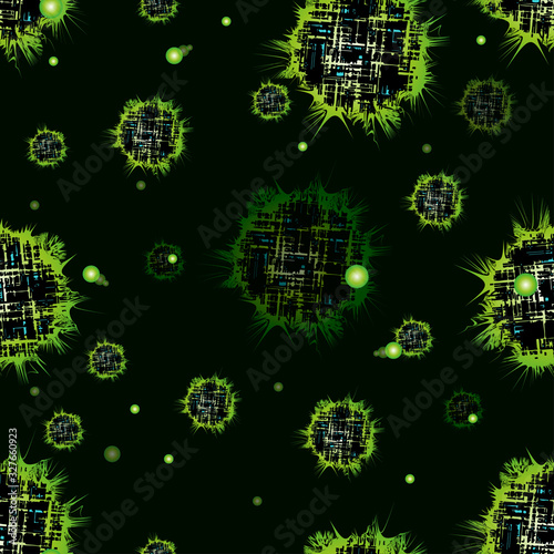 COVID-19 is new coronavirus from China. Attention! Vector illustration for design of medical poster. Seamless pattern of infected tissues with germs and virus.