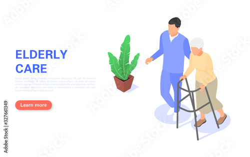 The concept of elderly care. Medical staff helps an elderly woman to walk with a walker. Medecine and healthcare.