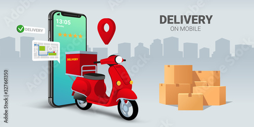 Fast delivery by scooter on mobile smartphone. E-commerce concept. Online food order infographic. Webpage, app design. City background. Perspective vector photo
