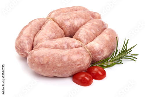 Raw Bratwurst sausages, isolated on white background