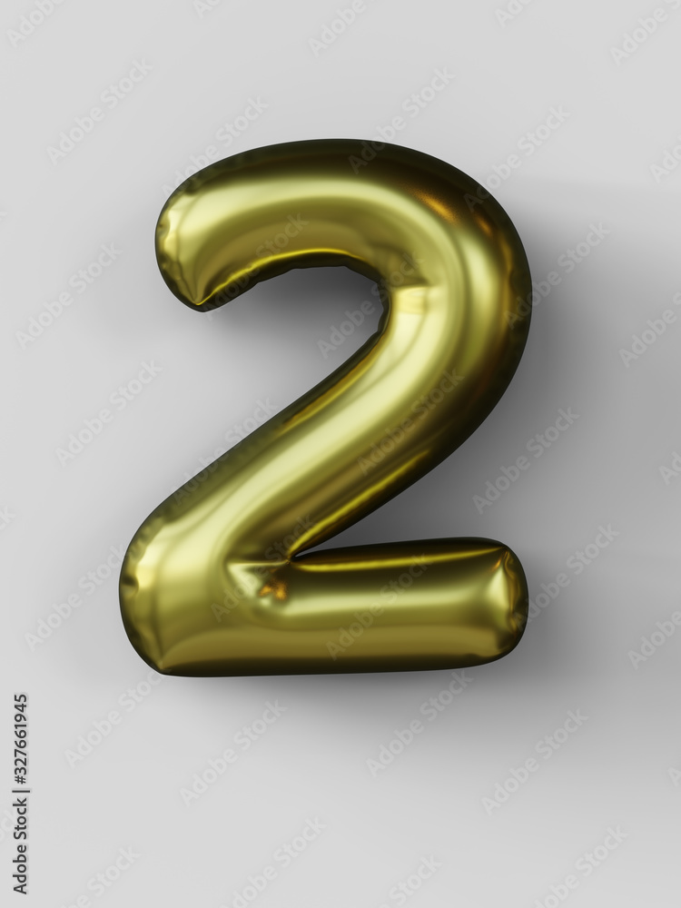 Golden balloon in shape of number 2 isolated. 3d illustration.