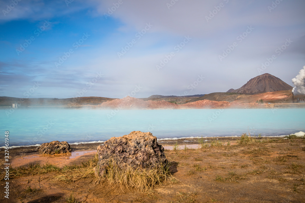 Fototapeta premium iceland, autumn, nature, myvatn, sky, landscape, mountain, volcanic, cloud, panorama, volcano, lake, outdoor, travel, eruption, water, crater, cold, north, scenic, blue, northern, tourism, fall, lava,