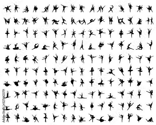 Black silhouettes of ballerinas on a white background