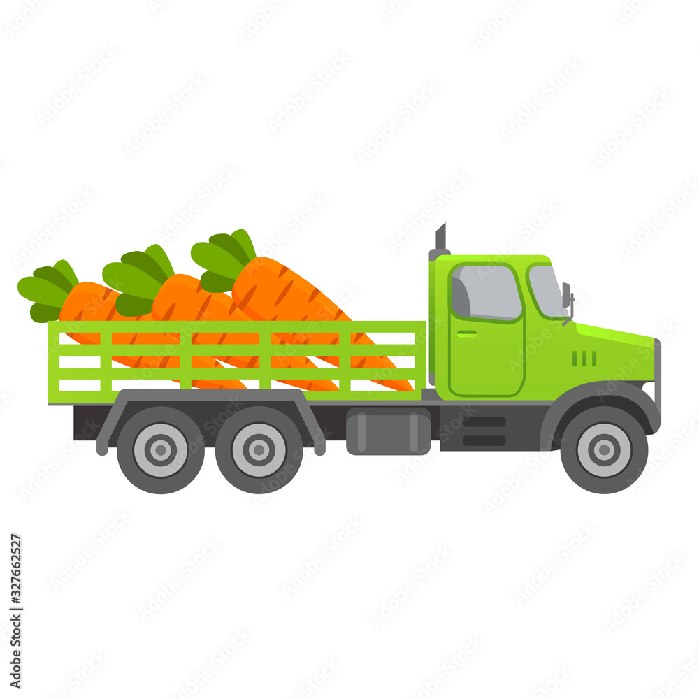 Food delivery truck vegetable.Carrots harvesting.Car illustration vector.